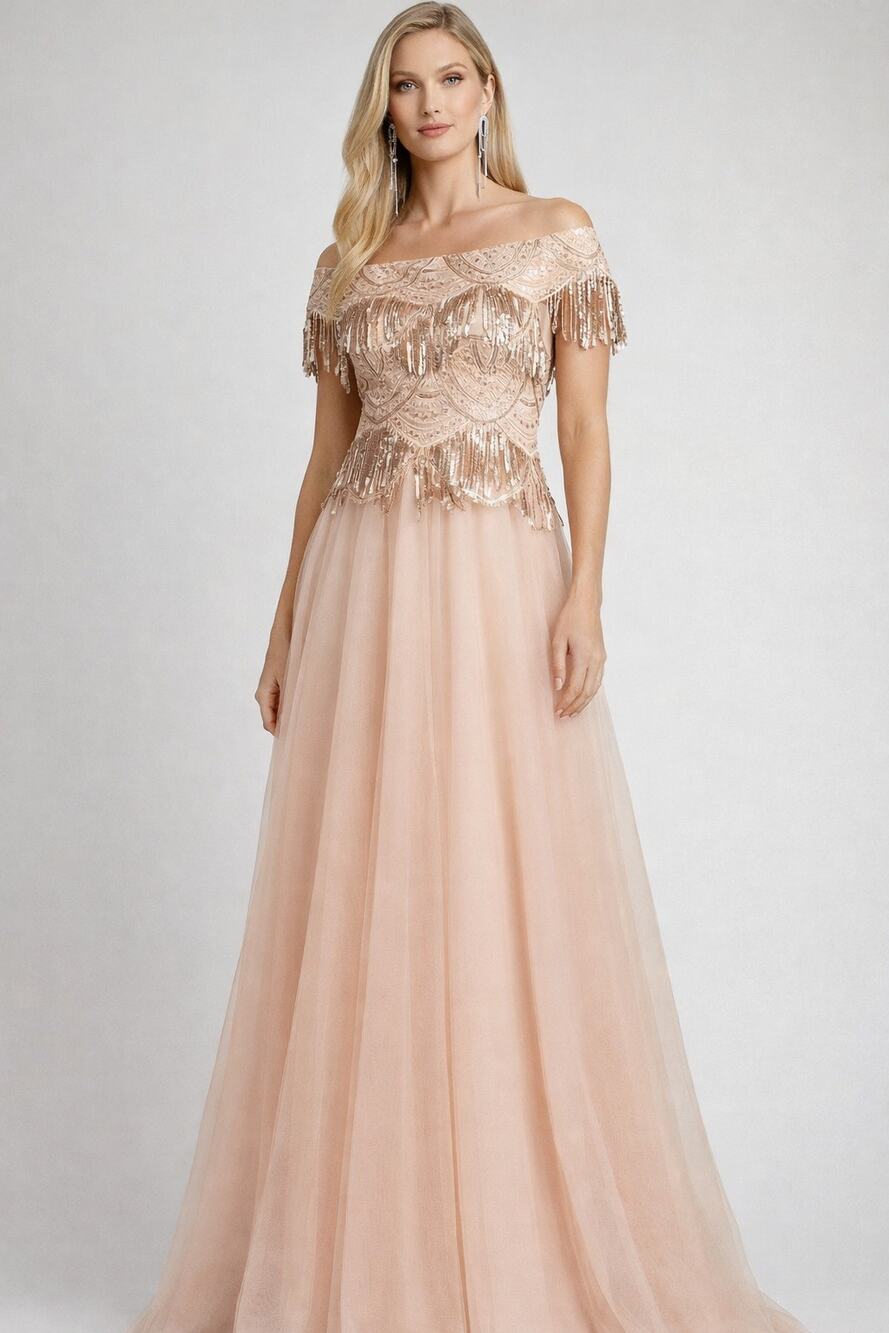 Tadashi Shoji Ruby Sequin Fringe Tulle Gown Peach Blossom Womens Size 10 New